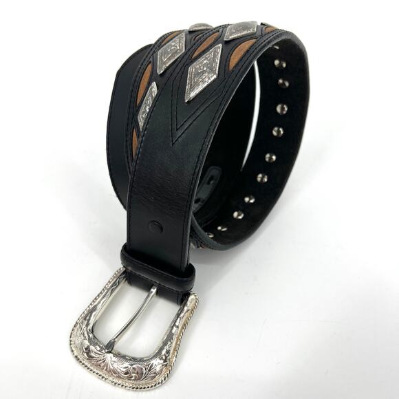 Vintage Justin Black Leather Belt Diamond Conchos Size 32 - Picture 1 of 10